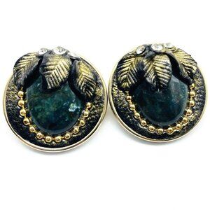 Vintage Gold Tone Green Cabochon Leaf Clip On Earrings Botanical Statement